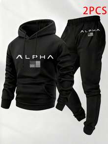 LPHA Letter Print- 2 Piece Set New Mens Casual Hoodie Casual Set For Slight Stretch - Spring Fall/Winter Casual Essentials | Machine Wash.Set For Running Gear, Sporty Design, Comfortable Training Hoodie. - 阿爾法 - 查看 1