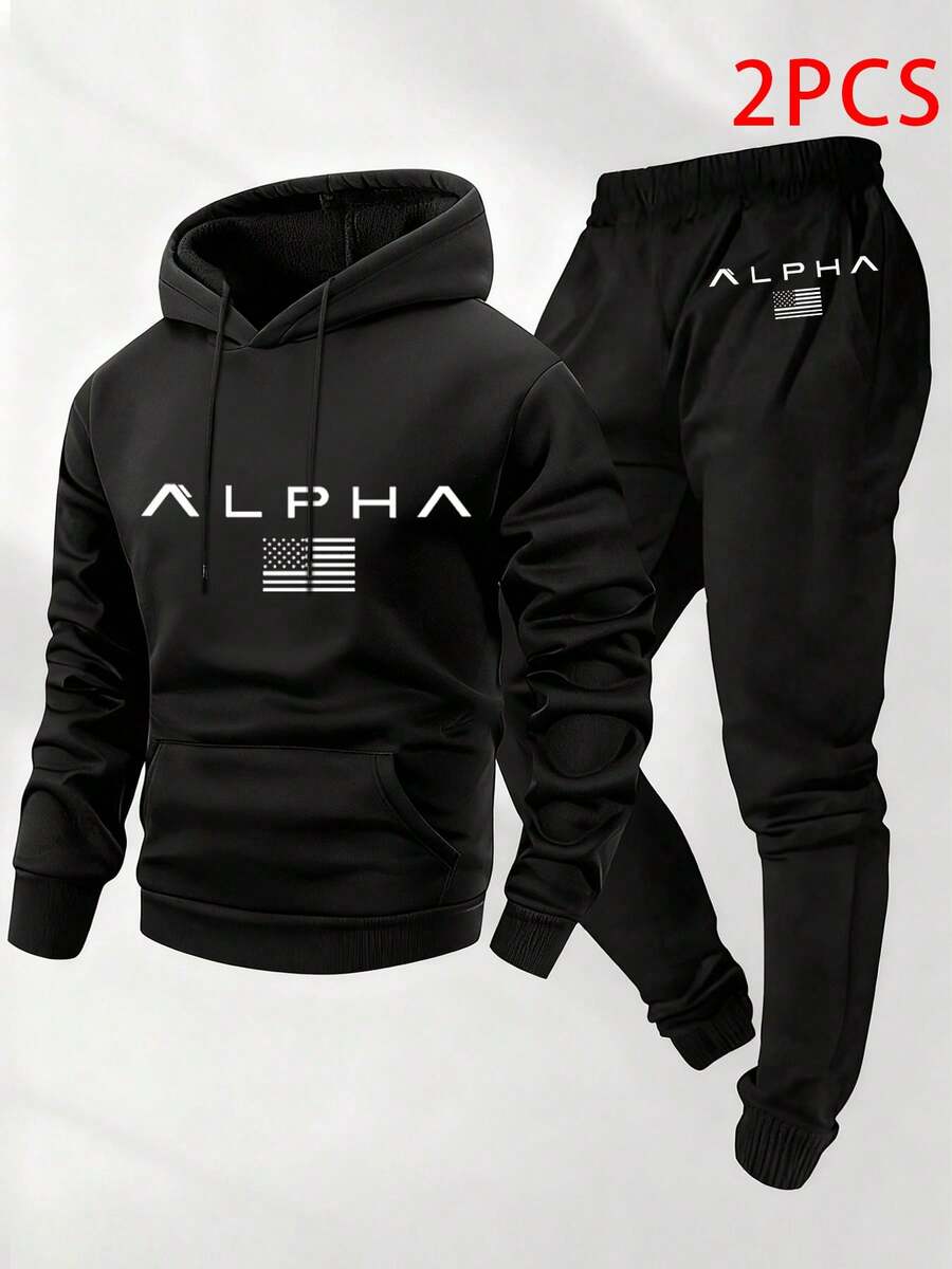 LPHA Letter Print- 2 Piece Set New Mens Casual Hoodie Casual Set For Slight Stretch - Spring Fall/Winter Casual Essentials | Machine Wash.Set For Running Gear, Sporty Design, Comfortable Training Hoodie. - 阿爾法 - 查看 1