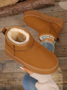 Women Winter Mid-Calf Boots - New Warm Snow Boots, Thick Lining, Leather, Waterproof, Platform, Pull On Style Ankle Boots, Brown And Black,Fur,Party - Maroon - View 5