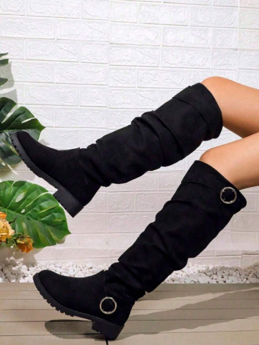 New Women's Suede Knee-High Boots For Autumn And Winter, Featuring A Ring Buckle And Ruched Design, With Chunky Heels, Suitable For Daily Outings And Party Outfits. - 黑色 - 查看 1