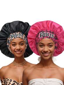 1pc Geometric & Leopard Print Polyester Satin Bonnet, 12 Constellations Personalized Printed Satin Wide-Brimmed Elastic Sleep Cap Hat (Random Printing Pattern) Hair Sleep Cap - Bean Paste Color 15/3 - View 10