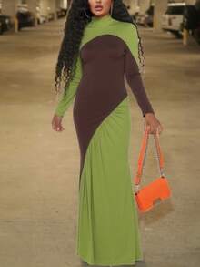 Vestido elegante de manga larga con bloques de color y vuelo, adecuado para fiestas y uso diario - Verde - Ver 6
