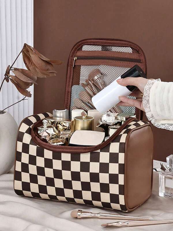 1 حقيبة تخزين ذات نمط شطرنجي كلاسيكي، حقيبة تجميل محمولة عالية القيمة، حقيبة تخزين مربعة، حقيبة سفر متعددة الوظائف ذات سعة كبيرة