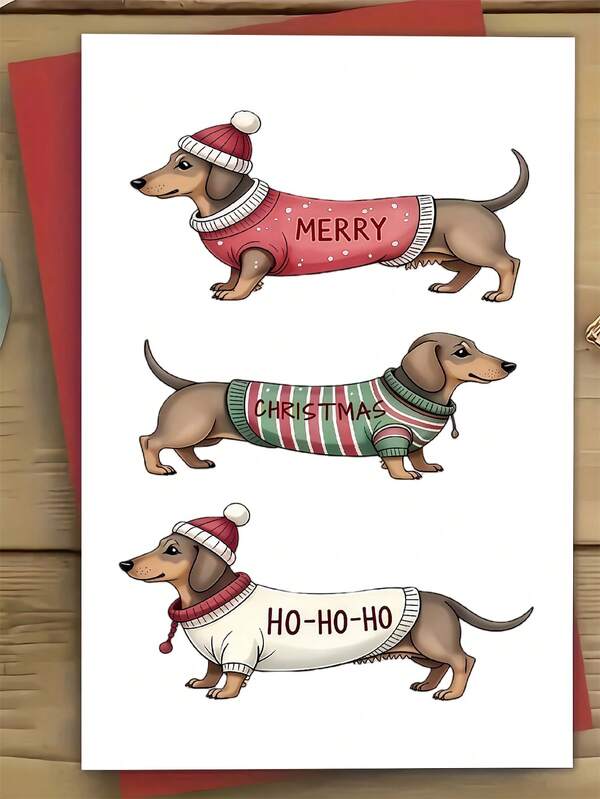 Funny Dachshund Christmas Card- Cute Cartoon Dog In Santa Hat & Sweaters, Merry Ho Ho Ho Greeting For Dog Lovers, Humorous Holiday Card For Xmas Gifts