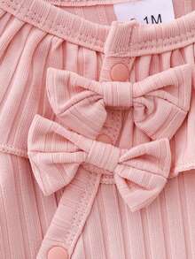 Baby Girl Soft & Skin-Friendly Jumpsuit, Pink, Round Neck Long Sleeve With Ruffle, Bow Decor, Button Front, All Season