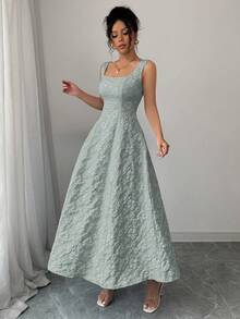 Vestido jacquard elegante e requintado com alças largas, textura floral, comprimento médio justo, estilo casual para férias - Verde - Visão 2