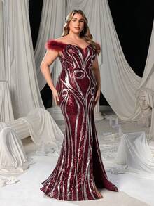 Đầm dạ hội dáng đuôi cá thanh lịch dành cho nữ cỡ lớn, xẻ cao và buộc dây phía sau, đính sequin lấp lánh sang trọng, phù hợp cho các buổi dạ tiệc trang trọng, dự đám cưới, mẹ cô dâu, sự kiện thảm đỏ và các bữa tối trang trọng. - Màu Đỏ Sâu - Xem 6