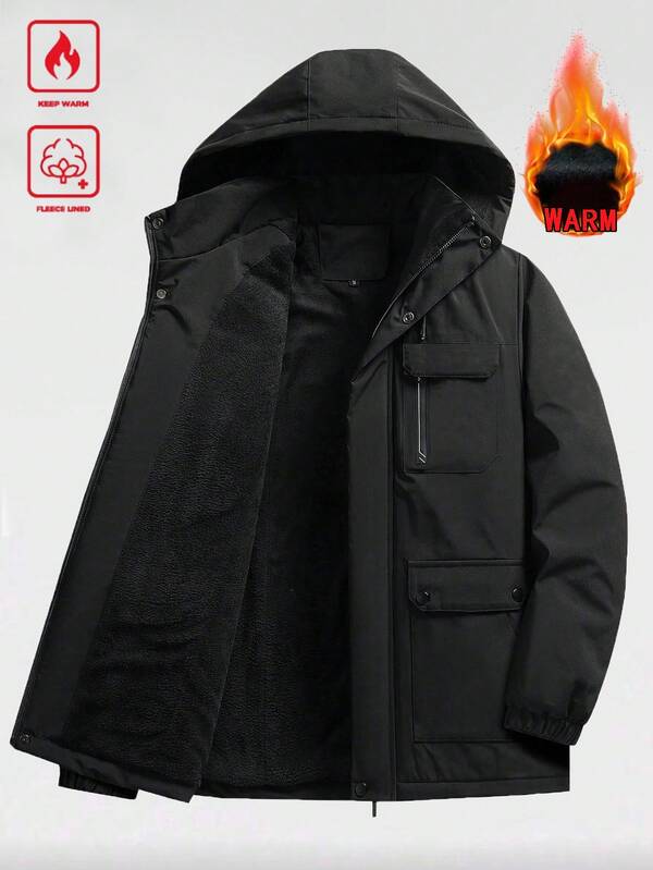 Warm Thermal Lined Winter Jacket For Men, Zipper Front Pockets Long Sleeve Hooded Padded Coat, Suitable For City Streets And Outdoor Activities In Cold Season, For Fall