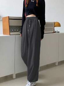 女士纯色抽绳腰阔腿宽松休闲运动裤 - 深灰色 - 查看 1