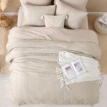 Oversized King Comforter 120''x98'', 3 Pieces Khaki Soft Boho Bedding Set, Farmhouse Tufted Fluffy Shabby Chic Bed Set For All Seasons (1 Comforter, 2 Pillowcases) With Modern Boho Style - 08 - 燕麥片 - 查看 7