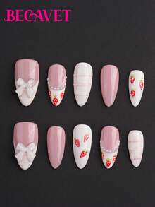 BEGAVET 10pcs Handmade Salon Quality Nail Art Fall&Winter Nails Press On Nails Kawaii Strawberry Long Almond Exclusive Design 3D Nails With 3D Charms, Suitable For Parties/Music Festival And Daily Wear - Pink - View 3
