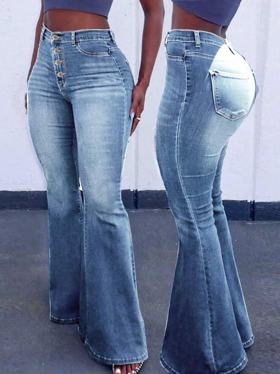 Women's Multi-Button Stretch Flared Jeans Bootcut Pants- Mid Waist Slim Fit Retro Denim Pants For Women - 淺色水洗藍 - 查看 1