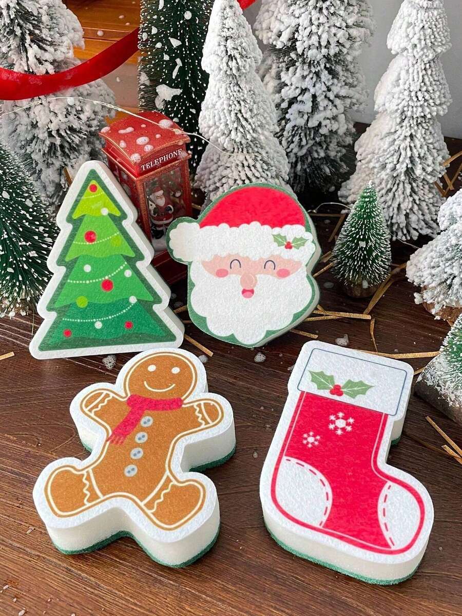1/4pcs Christmas Sponge Cleaner, Cartoon Santa Claus & Christmas Stocking & Gingerbread Man Shaped Kitchen Cleaning Scrub, Dishwashing Cloth, Home Cleaning Supplies, Christmas Decor,Kitchen,Bathroom,Home,Household Supplies