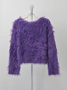 柔软舒适的紫色露肩套头毛衣，宽松针织长袖上衣，秋冬 - 紫色 - 查看 7