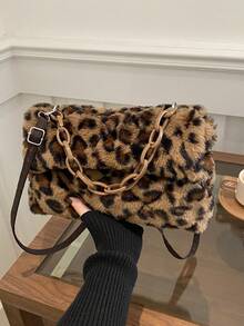 Classic Fluffy Envelope Bag For Women, Fashionable Leopard Print Furry Shoulder Handbag, Crossbody Bag, Autumn/Winter, Korean Style