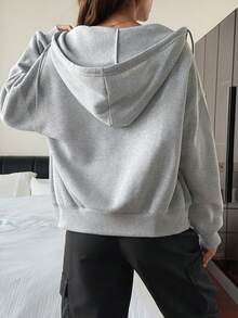 女款時尚運動休閒戶外健身跑步運動衫（春秋款），純色連帽長袖抽繩戶外健身運動時尚運動衫 - 淺灰色 - 查看 4