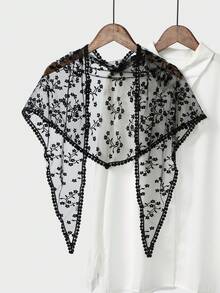 Lenço feminino de renda floral rosa vazada com franjas, em cor sólida, ideal para véu de noiva ou xale de casamento. - Multicolorido - Ver 29