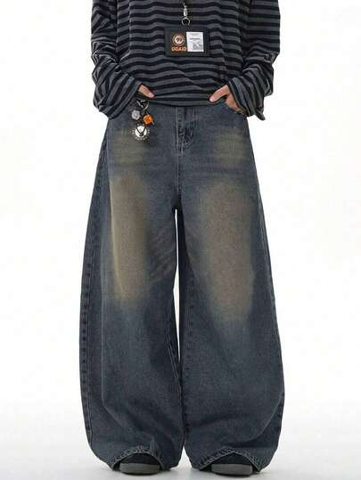Vintage Washed Wide Leg Jeans For Teenage Boys