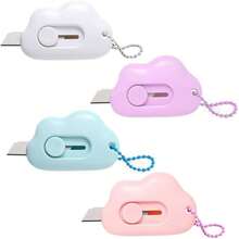 4 - Pack Retractable Letter Opener Box Cutters U2013 Cute Cloud Design, Stainless Steel, Portable, With Key Chain Hole, Projects WhitePurpleBluePink - White/Purple/Blue/Pink - View 1