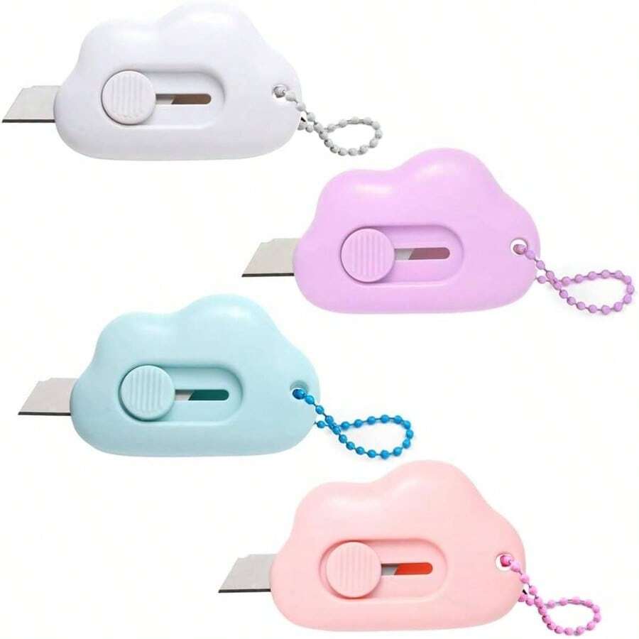 4 - Pack Retractable Letter Opener Box Cutters U2013 Cute Cloud Design, Stainless Steel, Portable, With Key Chain Hole, Projects WhitePurpleBluePink - White/Purple/Blue/Pink - View 1
