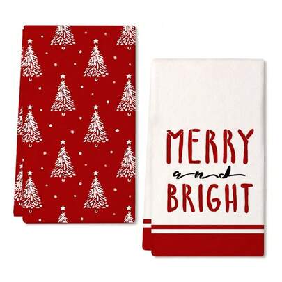 2件套圣诞厨房毛巾套装，红色圣诞树设计，节日农舍家居装饰，必备用品，茶巾，圣诞礼物，冬季厨房毛巾，厨房装饰