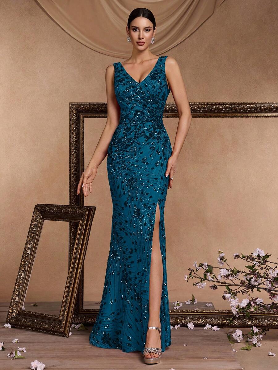 BluePlum Đầm dạ hội cao cấp, sang trọng, co giãn, đính sequin, cổ chữ V, xẻ cao, đuôi cá, thiết kế hở lưng tinh tế, phù hợp cho tiệc cocktail, đám cưới, các dịp trang trọng, đầm dành cho mẹ cô dâu (đính kết rất cầu kỳ) mùa xuân