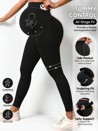 1 件高腰孕妇紧身裤，无缝弹力孕妇裤，带腹部面板，柔软舒适，适合所有阶段 - 休闲装、瑜伽装、休闲装