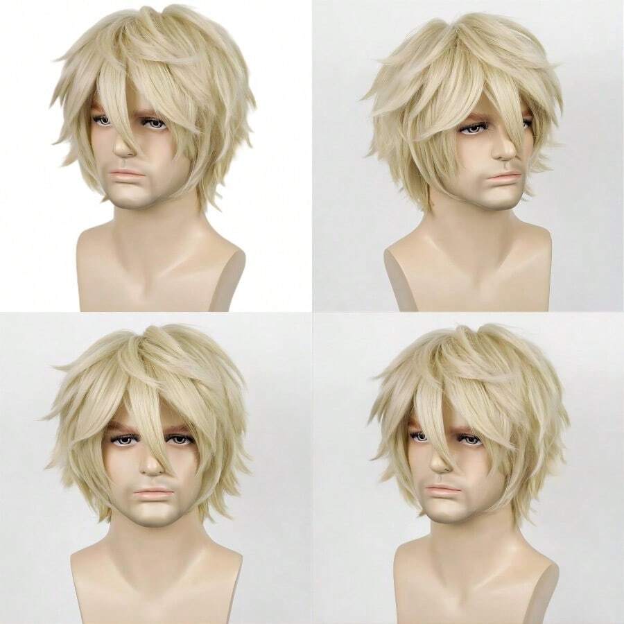 JFAlacos Blonde Wig Short Fashion Spiky Layered Anime Cosplay Wig Halloween Christmas Carnival Dr Up Pretend Play Party Wig Gift+Cap Christmas Day - Blonde - 查看 1