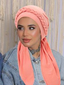 1 件纯色柔软女士系带十字装饰穆斯林头巾围巾（带领带）