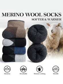 5 Pairs Men's Thick Wool Blend Socks, Warm Thermal Tall Socks With Color Blocking, Suitable For Autumn/Winter