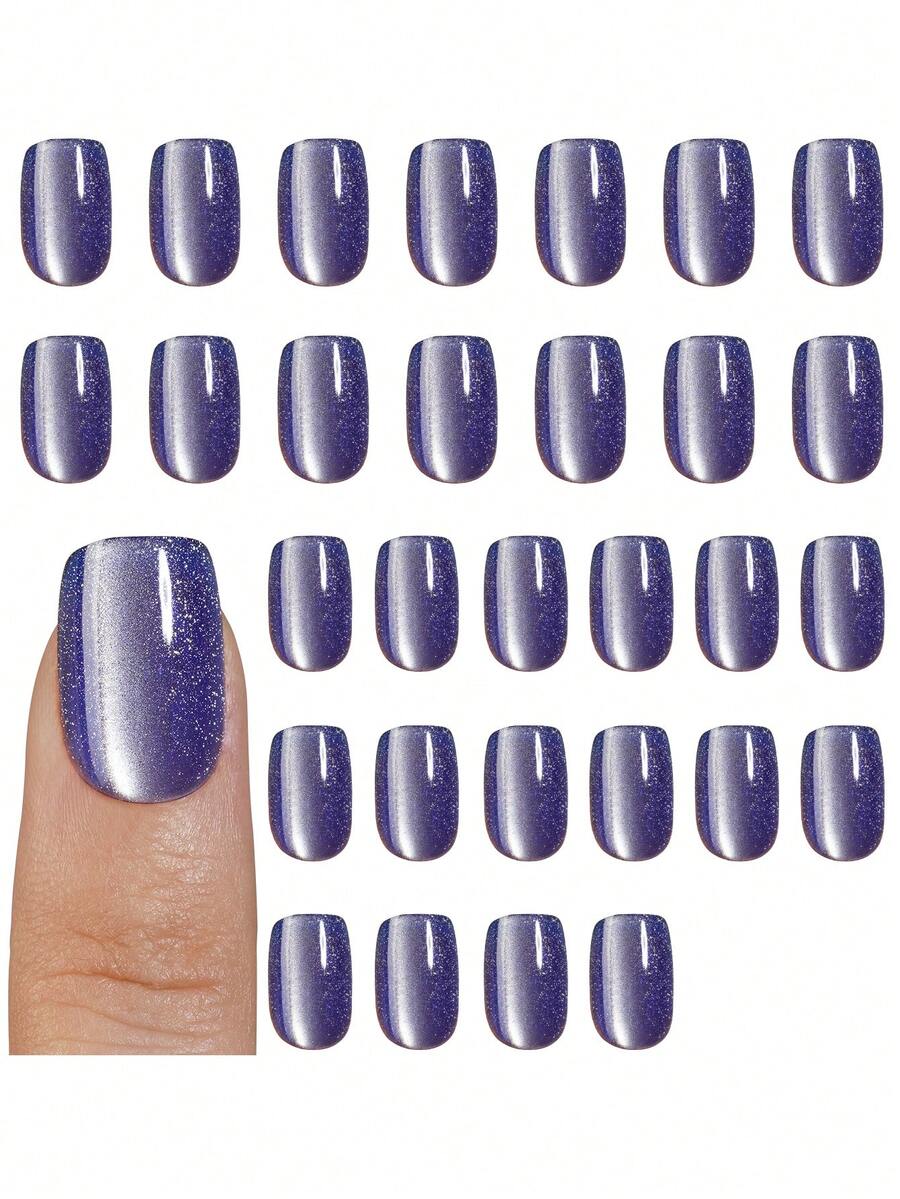 30片亚克力短方形/杏仁形莲花粉色亮面猫眼按压式美甲贴片，闪亮渐变猫眼设计假指甲，适合女性参加节日、休闲、日常、春夏美甲装饰美甲用品 - 藍色 - 查看 1