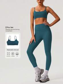 Women's Solid Color Thick Sports Bra & Yoga Leggings 2 Pieces Set, Minimalist Design For Fitness Training Summer - 寶藍色 - 查看 7