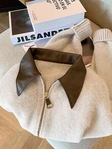 Vera Lane Women's Fall Winter Korean Style Old Money PU Collar Style Street Wear Boho Punk Two-Way Zipper Woolen Beige Jacket Christmas Sweater New Year Look - Apricot - View 8