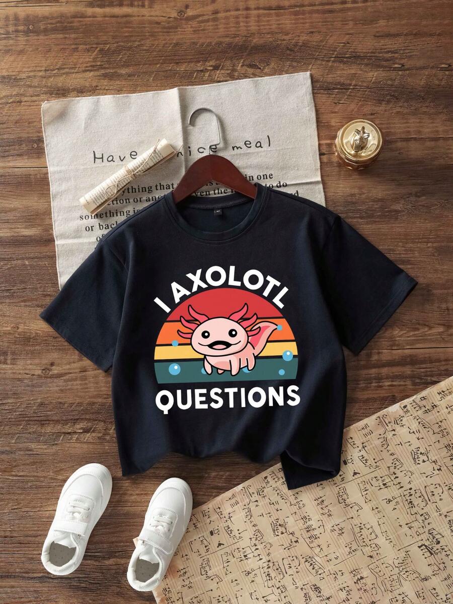 Áo thun cổ tròn tay ngắn in họa tiết vui nhộn thường ngày cho bé trai tuổi mới lớn, áo mùa hè - Màu xanh hải quân - Xem 1