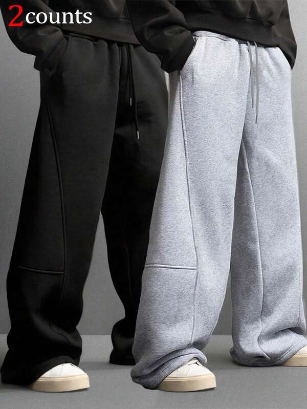 2pcs Men's Loose Wide Leg Pants, With Design Details And Drawstring Waist, Casual Style Sweatpants For Daily Wear, Jogging, Suitable For Spring And Autumn