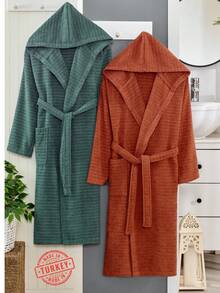 2-Piece 100% Cotton Unisex Bathrobe Set – Black & Green Color Options, Fluffy Hooded Robes For Women & Men, Terry Cloth, Soft With Long Belt – Ideal For Spa, Sauna & Daily Use – S/M & L/XL – Made In Turkey - Màu Cam cháy - Xem 13