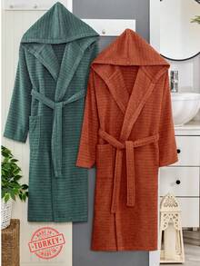 2-Piece 100% Cotton Unisex Bathrobe Set – Black & Green Color Options, Fluffy Hooded Robes For Women & Men, Terry Cloth, Soft With Long Belt – Ideal For Spa, Sauna & Daily Use – S/M & L/XL – Made In Turkey - Màu Cam cháy - Xem 12