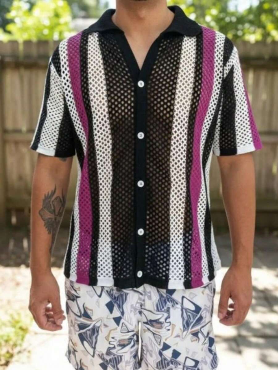 Summer Knit Button Polo Shirt - Black With Dahlia - View 1