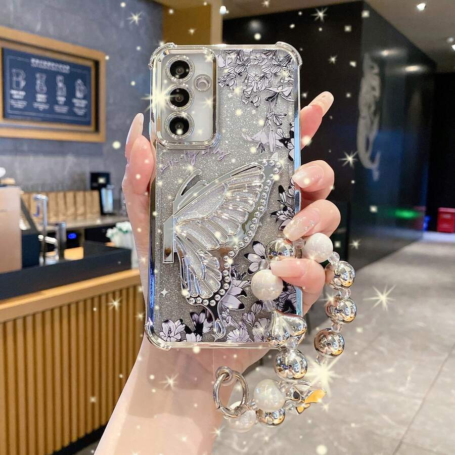 蝴蝶图案单件式极简支架手机壳，防震/TPU硅胶软边奢华保护套，带防尘孔，兼容三星Galaxy S24 Ultra/S24 Plus/S24/S23 Ultra/S23 Plus/S23/S22 Ultra/S22 Plus/S22/S21 Ultra/S21 Plus/S21 FE/S23 FE/S20 Ultra/S20 Plus/S20 FE，以及电镀+TPU硅胶软边全包高端保护壳，适用于A5x/C1 2 3 4 5 6 7 8 9/9 8 7 6 5 4 3 2 1和A1 2 3 4 5 6 7 8 9 9 8 7 6 5 4 3 2 1。 - 銀色+支架+鏈 - 查看 1
