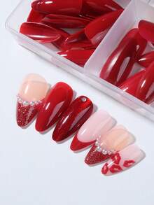 96pcs (4mixed ) Almond Red Tip Press On Nails, Red Cat's Eye French Acrylic Nail Tips Full Cover False Nail Tips Press On Nails ,Contain 1pc Jelly Glue And 1pc Nail File,With Storage Box As For Suitable For Women And Girls Daily Life And Party Use