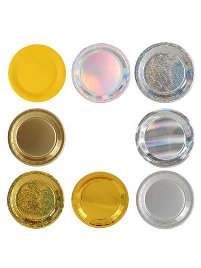 20pcs Gold Laser Paper Plate Set Of Disposable Birthday Party Tableware With Gold Embossing Round Plates For Party Decorations, Mermaid Birthday, Wedding Items.