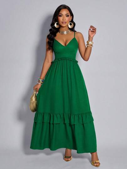 Vestido de tirantes finos sexy y elegante para mujer, con dobladillo de encaje en capas de unicolor, vestido sexy y elegante para el Día de San Valentín, vestido de verano, vestido elegante para mujer, vestido casual para mujer, vestido verde para mujer, vestido verde para mujer