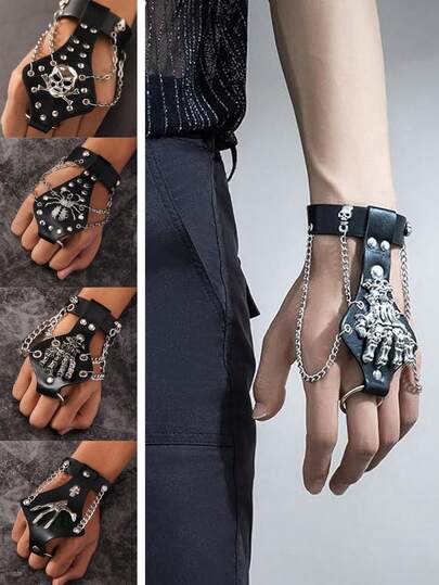 1/2 Pcs Skeleton Hand Bracelet,Gothic Punk Rock Spike Skull Ghost Leather Cuff Bracelet Accessories With Claw Finger Wristband,Halloween Jewelry Decoration For Women Men On Party,Black