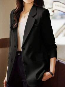 女士黑色梭织面料西装外套，长袖，前襟纽扣，常规长度，打造精致优雅的春季造型 - 黑色 - 查看 5