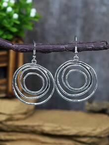 1pair Vintage Silver Color Layered Circle Drop Earrings Women - Antique Silver - View 1