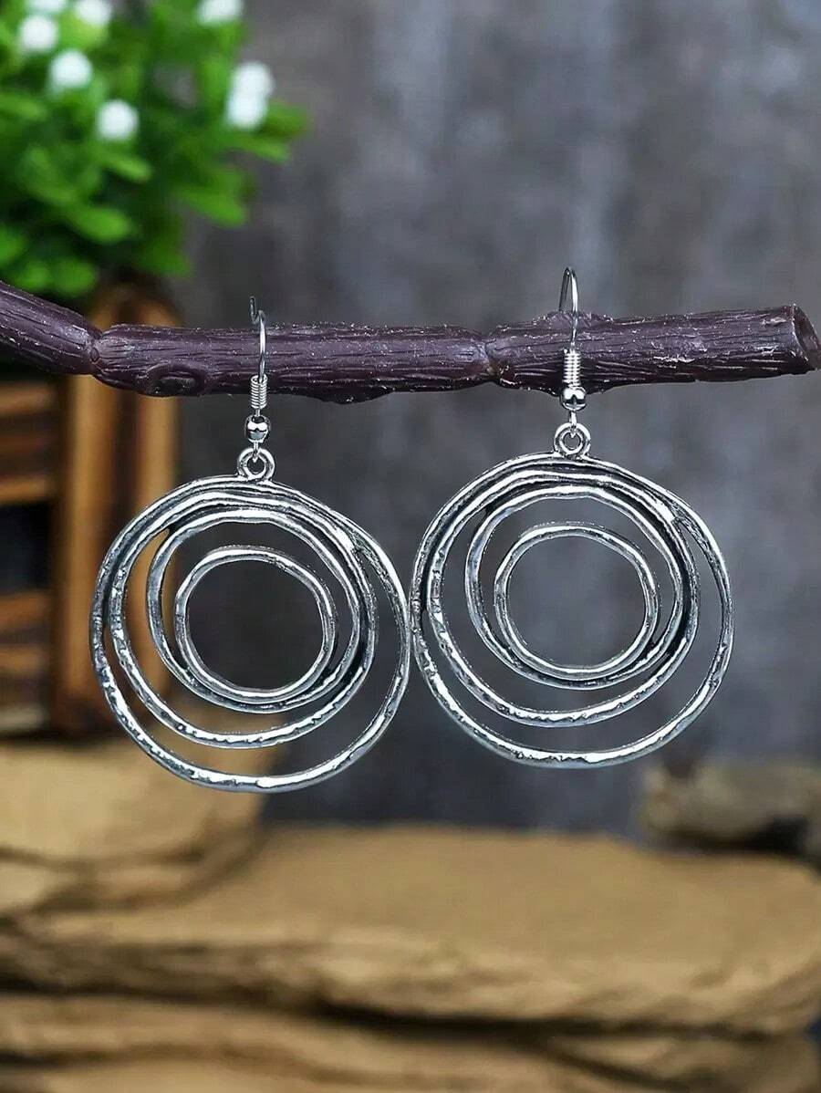 1pair Vintage Silver Color Layered Circle Drop Earrings Women - Antique Silver - View 1