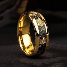 1pc 1pc Fashion 8mm Men Stainless Steel Rings Inlay Meteorite And Golden Leaf Pattern Rings For Men Wedding Engagement Band Jewelry Gift - Gold - View 4