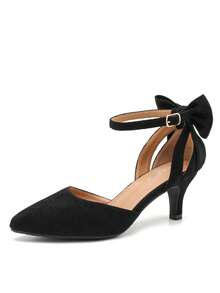 MAIERNISI JESSI Women's Wedding Evening Party Bow Kitten Heels Pumps Ankle Strap Buckle Dress Shoes - 黑色絨面 - 查看 15