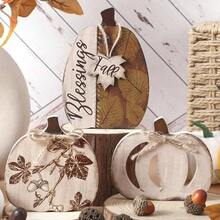 3 Pcs Fall Pumpkin Table Decor Rustic Pumpkin Block Wooden Signs Thanksgiving Wood Tiered Tray Decor Farmhouse Table Centerpiece Autumn Thanksgiving Home Office Decorations