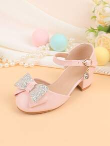 Flower Girl Shoes For Wedding, Party, Holiday, Suitable For Girls Of All Ages, Children Shoes, Classic Comfortable Versatile Small Shoes, Girls Fashion Pink Bow Glitter Sequin Shiny Heeled Dress Shoes For Formal Occasions, Recitals, Dance, Princess Style